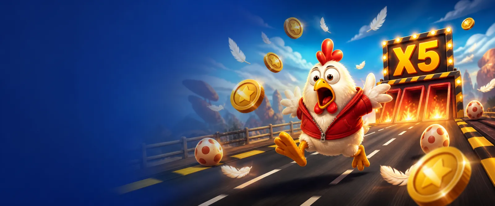 Promotional banner for Chicken Road slot featuring playful chicken, road lanes, bright colors and arcade energy.