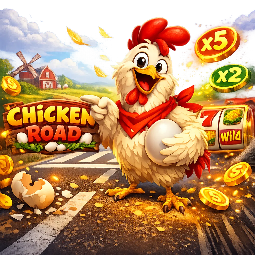 Colorful Chicken Road slot game promo featuring cartoon chickens and road elements.