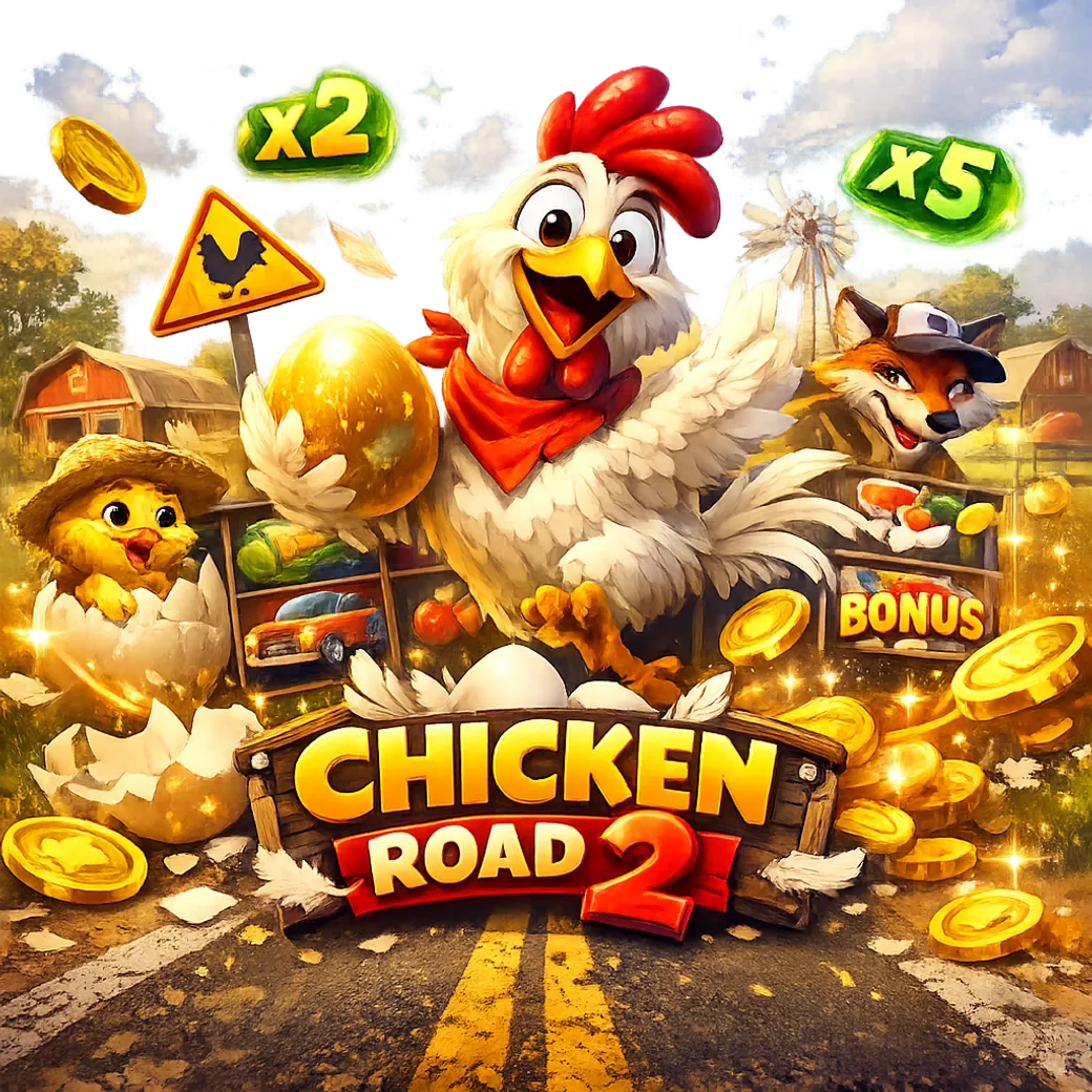 Dynamic promotional image for Chicken Road slot featuring a cartoon chicken, road lanes, and coins with playful energy.