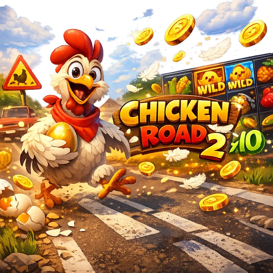 Promotional image featuring a funny chicken on a road with lanes, eggs, feathers, and floating coins, capturing bright and pl