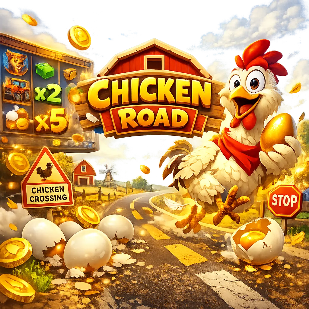 Colorful promo image for Chicken Road slot game featuring a cartoon chicken, road lanes, and coins.